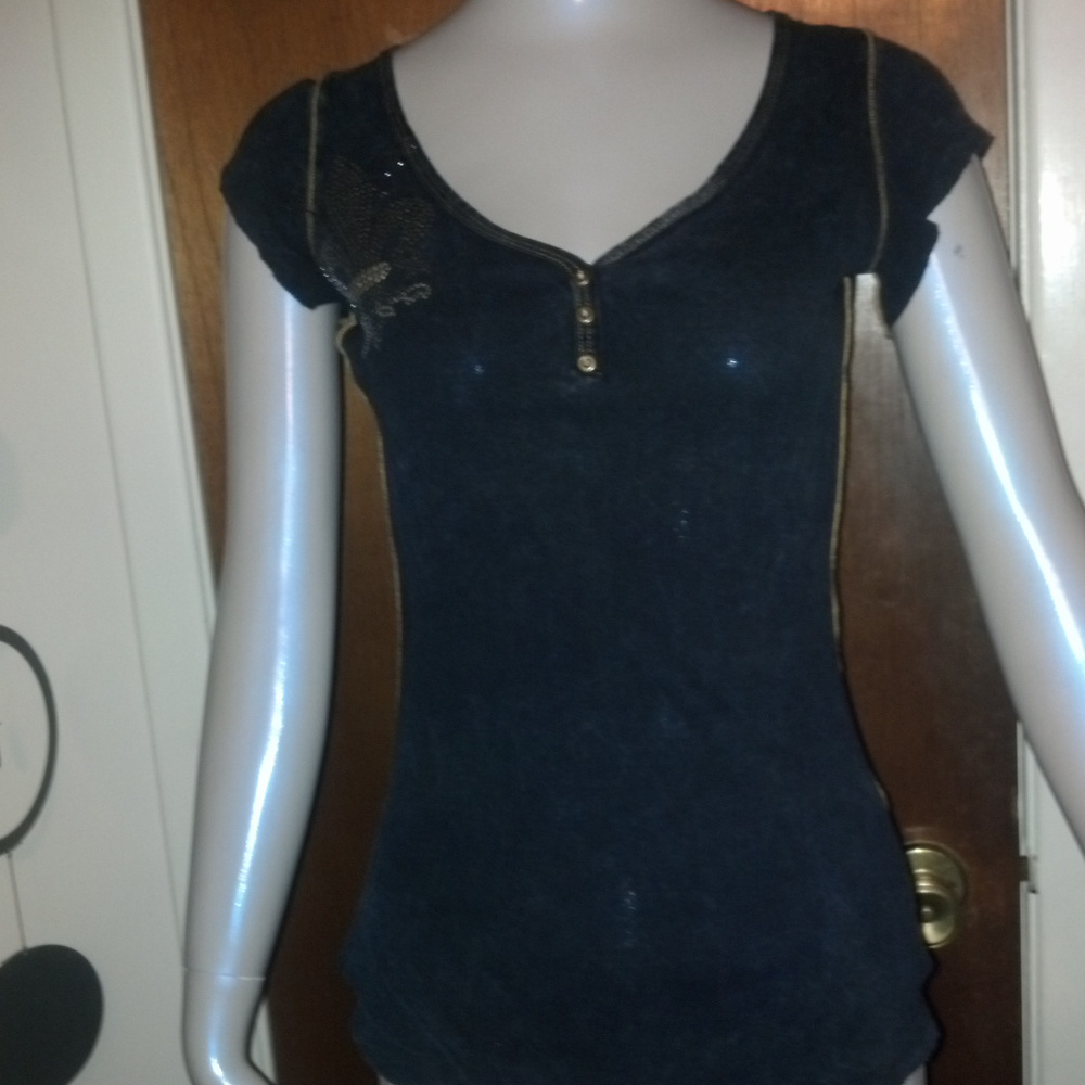 MARABOU Cap Sleeve Top Shirt ~ S ~Black/Gold